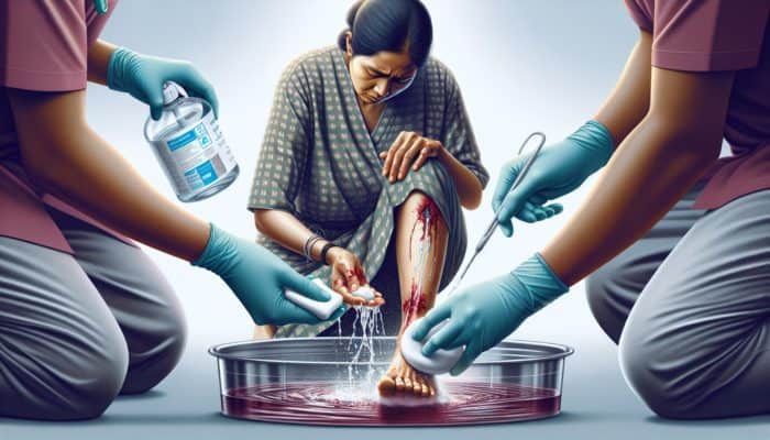 Emergency Wound Care: Person cleaning wound with sterilized water and soap, applying pressure with cloth, covering with sterile dressing.