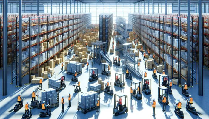 A bustling warehouse with clearance signs and various economical transport options, overseen by experts in vests.