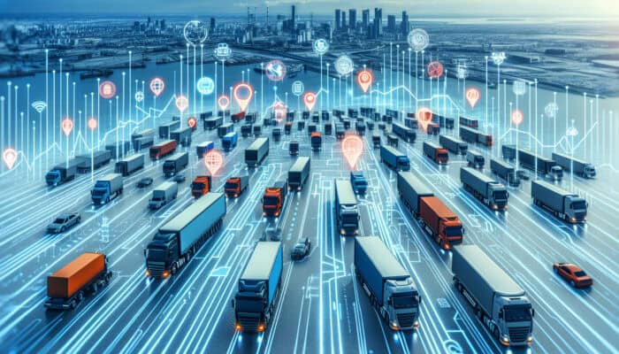 A logistics hub with trucks, fuel price indicators, and regulatory signs highlighting transport challenges.
