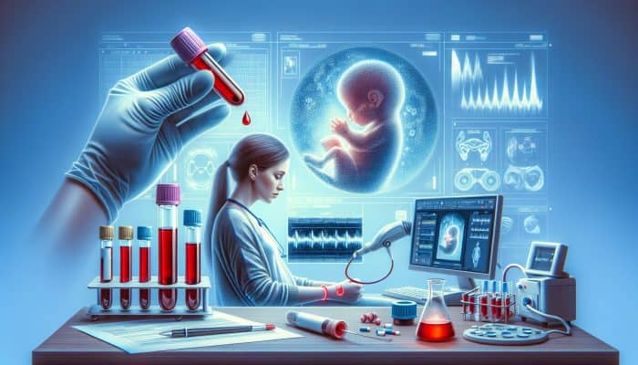 Pregnancy Blood Test In Dunfermline: A woman undergoing a pregnancy blood test with a vial of blood and an early ultrasound image of a fetus.