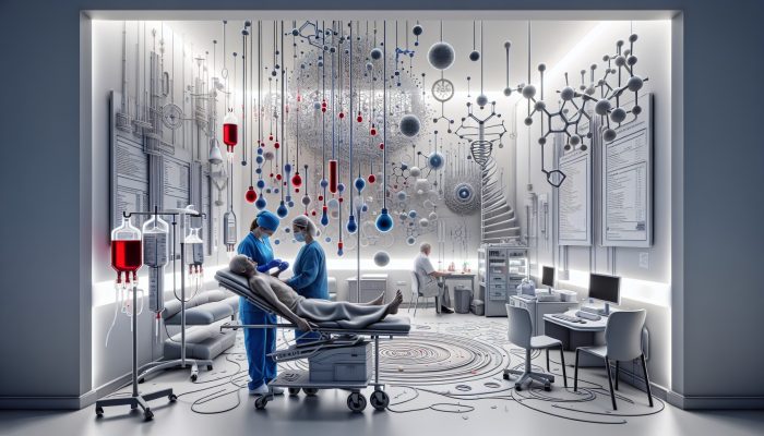 In a modern UK clinic, a healthcare worker draws blood from a fatigued patient for ferritin testing, surrounded by lab equipment and iron diagrams.
