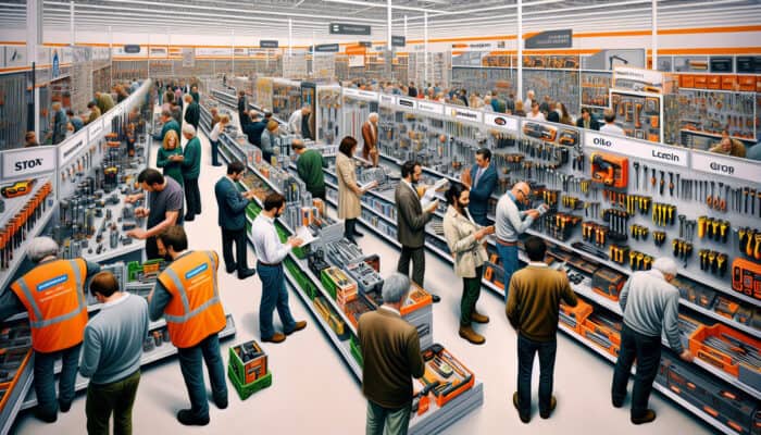 Where to Buy House Clearance Tools in the UK: A busy UK DIY store with shoppers examining tools, featuring B&Q, Wickes, and Homebase signs.