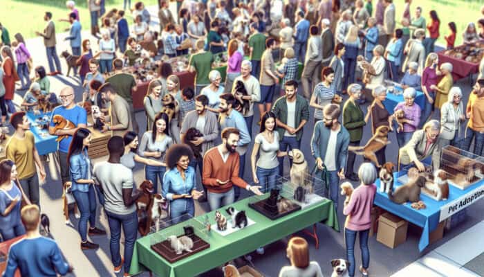 A vibrant pet adoption fair featuring families, pets, and volunteers offering expert advice.