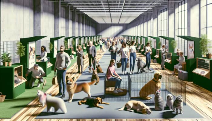 Well-organised pet adoption fair featuring expert-designed booths, calm animals, and engaged visitors.
