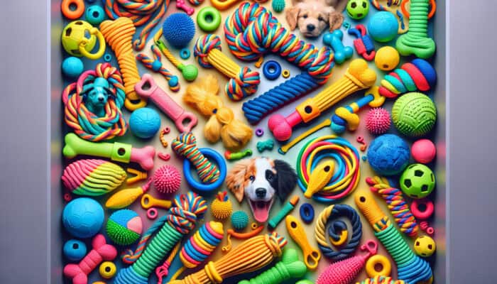 A colourful collage of durable, puppy-safe tug toys made from cotton rope and rubber.